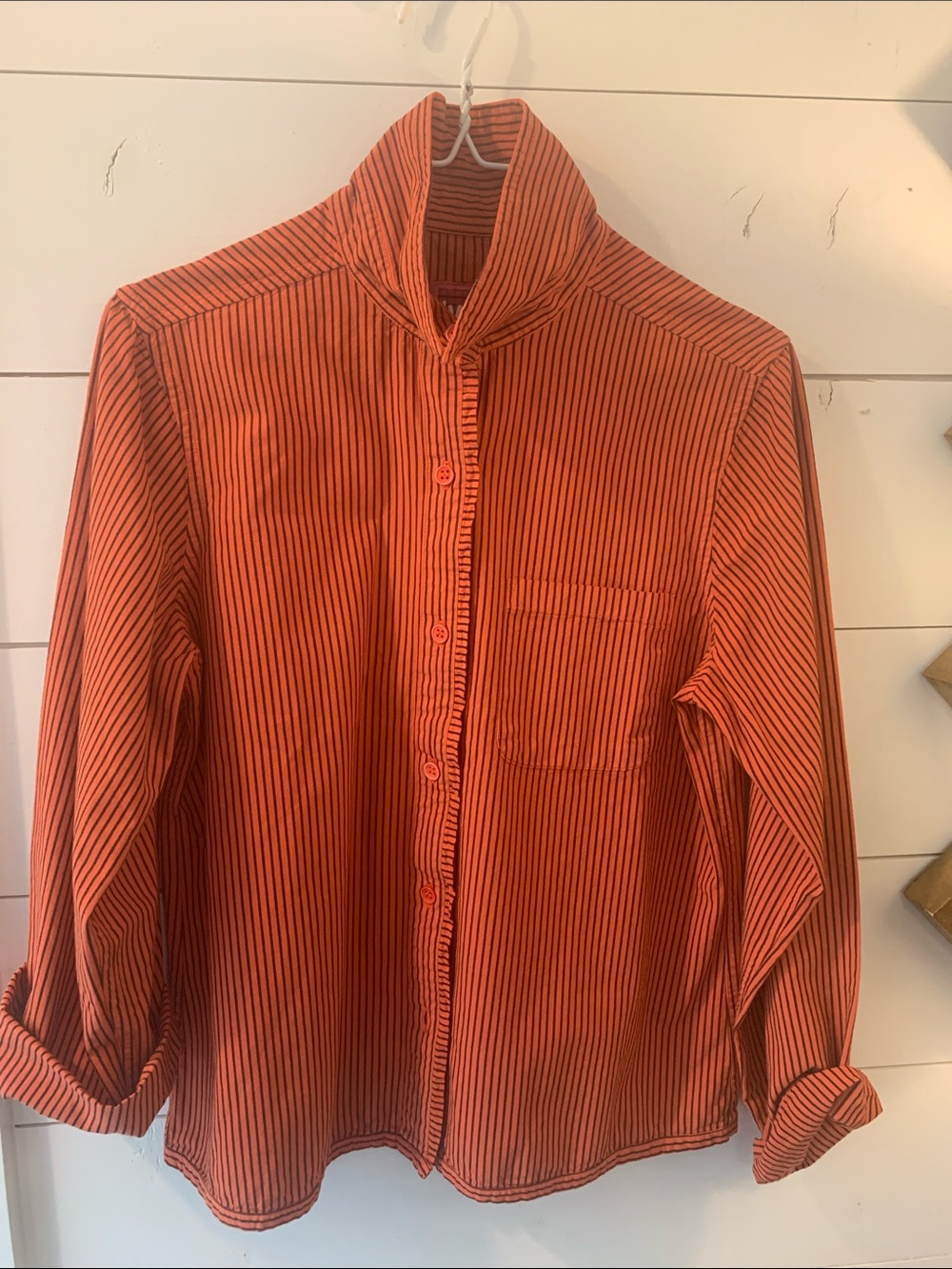 Striped Orange Button-Front Shirt with Stand Collar